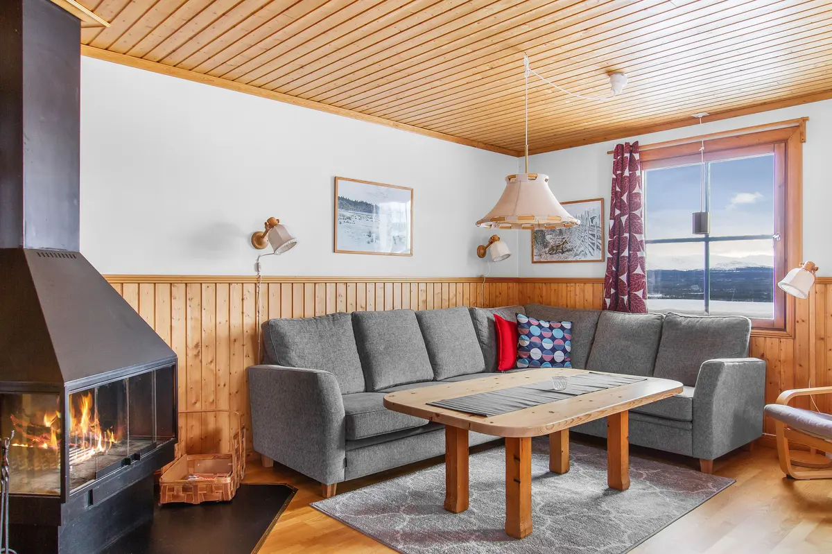 Vardagsrum med öppen spis i lägenhet på två plan